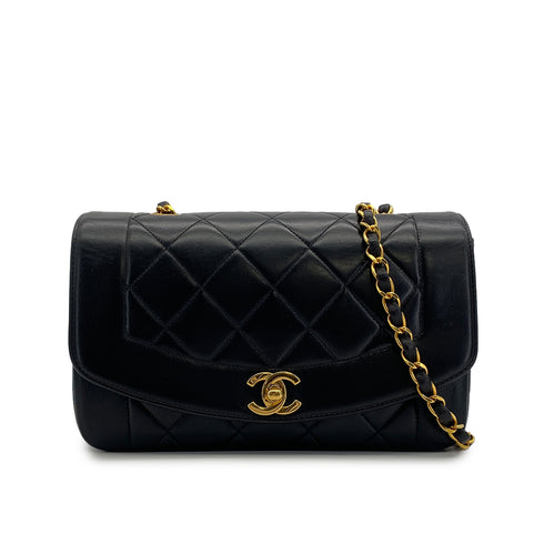 VINTAGE CHANEL DIANA SMALL CHAIN SHOULDER BAG BLACK LAMB SKIN GOLD HARDWARE 90317886