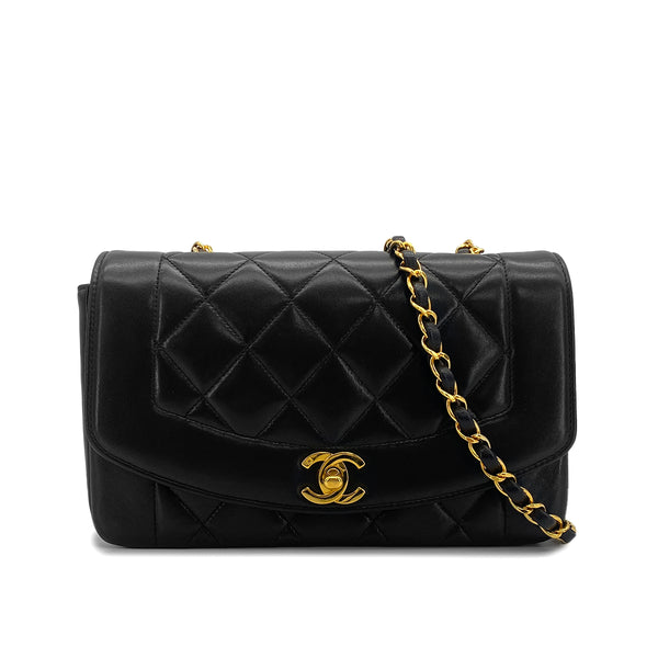VINTAGE CHANEL DIANA SMALL CHAIN SHOULDER BAG BLACK LAMB SKIN GOLD HARDWARE 90323095