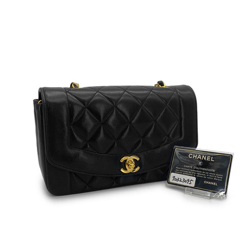 VINTAGE CHANEL DIANA SMALL CHAIN SHOULDER BAG BLACK LAMB SKIN GOLD HARDWARE 90323095