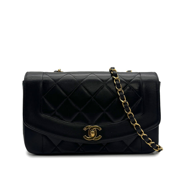 VINTAGE CHANEL DIANA SMALL CHAIN SHOULDER BAG BLACK LAMB SKIN GOLD HARDWARE 90323458