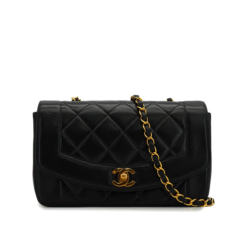 VINTAGE CHANEL DIANA SMALL CHAIN SHOULDER BAG BLACK LAMB SKIN GOLD HARDWARE 90327385