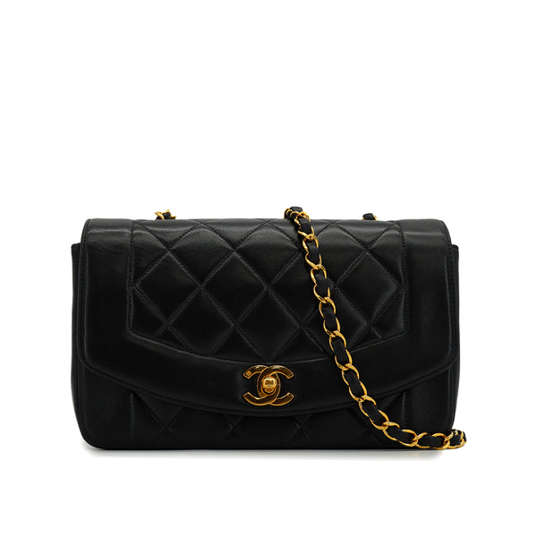 VINTAGE CHANEL DIANA SMALL CHAIN SHOULDER BAG BLACK LAMB SKIN GOLD HARDWARE 90327385