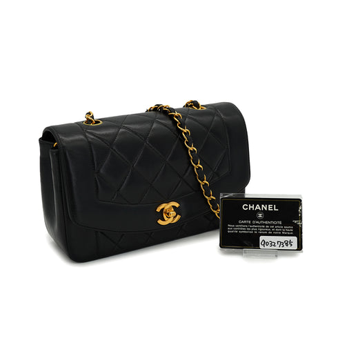 VINTAGE CHANEL DIANA SMALL CHAIN SHOULDER BAG BLACK LAMB SKIN GOLD HARDWARE 90327385