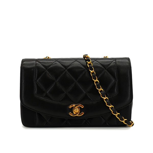 VINTAGE CHANEL DIANA SMALL CHAIN SHOULDER BAG BLACK LAMB SKIN GOLD HARDWARE 90328463