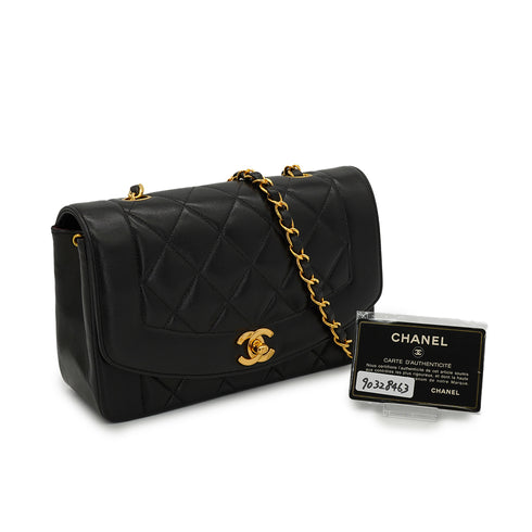 VINTAGE CHANEL DIANA SMALL CHAIN SHOULDER BAG BLACK LAMB SKIN GOLD HARDWARE 90328463