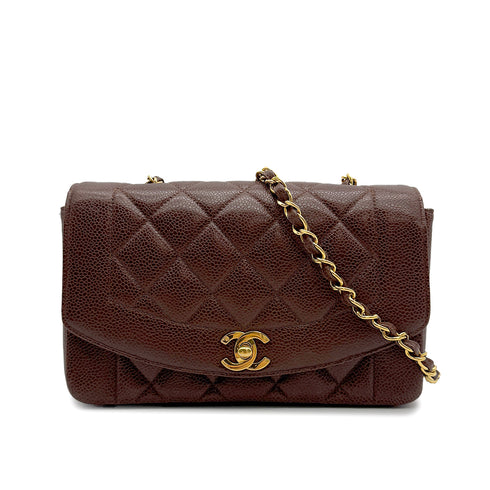 VINTAGE CHANEL DIANA SMALL CHAIN SHOULDER BAG BROWN CAVIAR SKIN GOLD HARDWARE 90315015