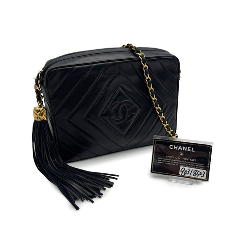 VINTAGE CHANEL DIA STITCH CHAIN SHOULDER BAG BLACK LAMB SKIN FRINGE GOLD HARDWARE 90318523