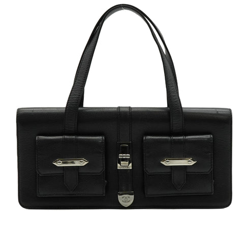 VINTAGE CHANEL DOUBLE POCKET HAND BAG BLACK CAVIAR SKIN SILVER HARDWARE 90346873