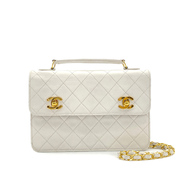 VINTAGE CHANEL DOUBLE TURN LOCK MATELASSE CHAIN SHOULDER HAND BAG WHITE LAMB SKIN GOLD HARDWARE 90325945