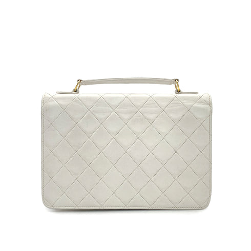 VINTAGE CHANEL DOUBLE TURN LOCK MATELASSE CHAIN SHOULDER HAND BAG WHITE LAMB SKIN GOLD HARDWARE 90325945