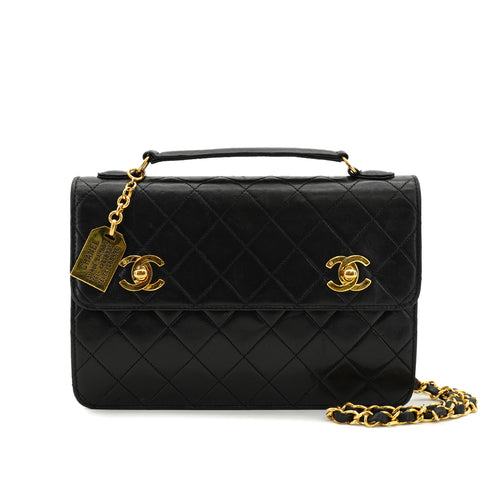 VINTAGE CHANEL DOUBLE TURN LOCK MATELASSE CHAIN SHOULDER HAND BAG BLACK LAMB SKIN GOLD HARDWARE 90330946