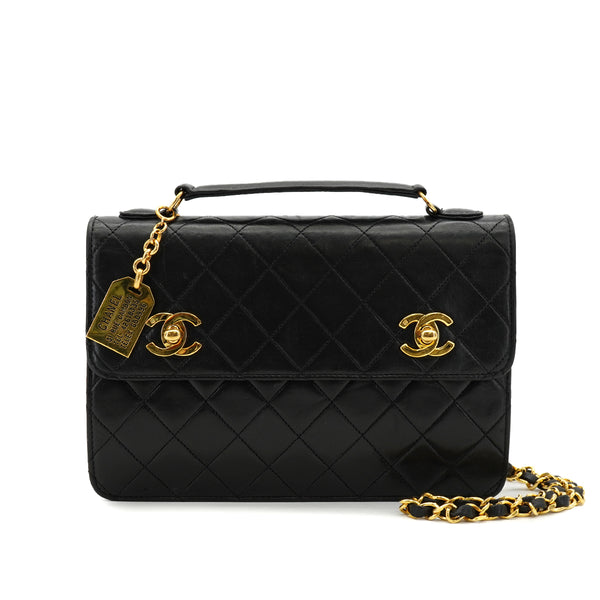 VINTAGE CHANEL DOUBLE TURN LOCK MATELASSE CHAIN SHOULDER HAND BAG BLACK LAMB SKIN GOLD HARDWARE 90330946