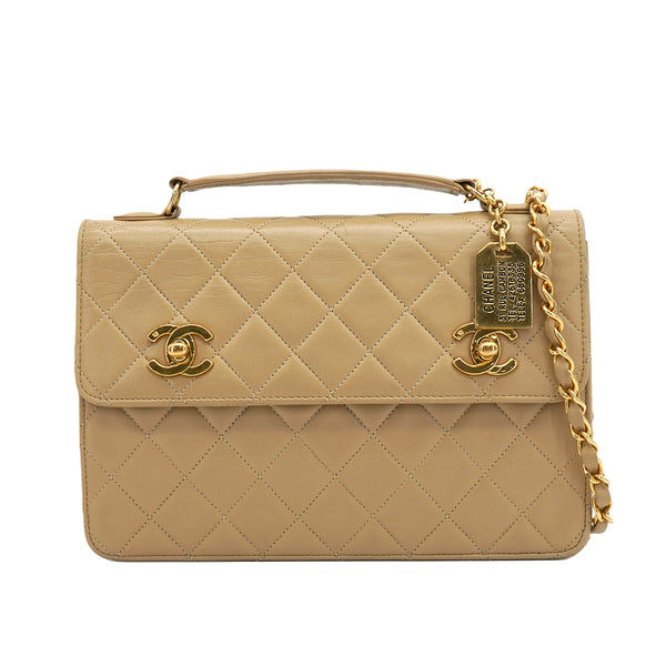 VINTAGE CHANEL DOUBLE TURN LOCK MATELASSE CHAIN SHOULDER HAND BAG BEIGE LAMB SKIN GOLD HARDWARE 90350369
