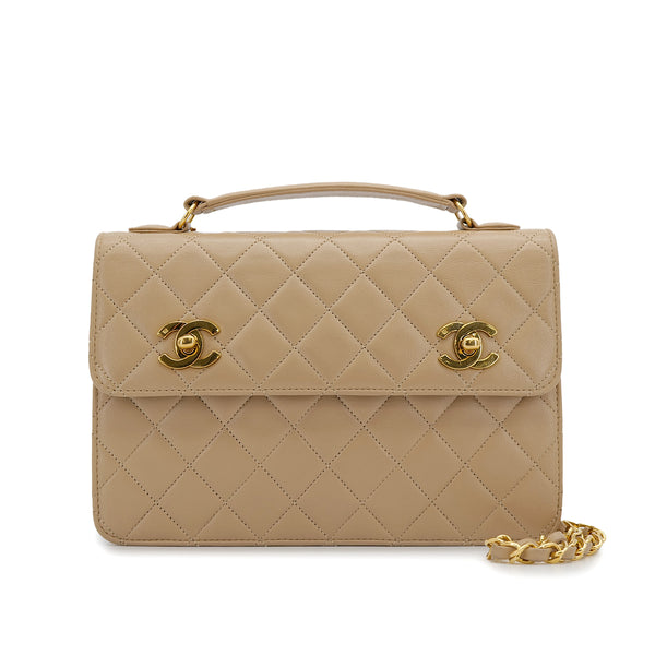 VINTAGE CHANEL DOUBLE TURN LOCK MATELASSE CHAIN SHOULDER HAND BAG BEIGE LAMB SKIN GOLD HARDWARE 90315877