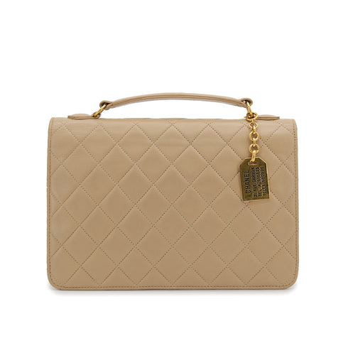 VINTAGE CHANEL DOUBLE TURN LOCK MATELASSE CHAIN SHOULDER HAND BAG BEIGE LAMB SKIN GOLD HARDWARE 90315877
