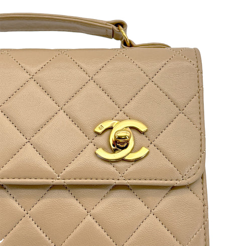 VINTAGE CHANEL DOUBLE TURN LOCK MATELASSE CHAIN SHOULDER HAND BAG BEIGE LAMB SKIN GOLD HARDWARE 90315877