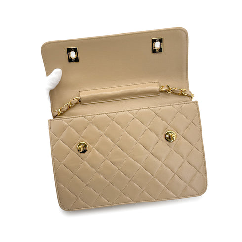 VINTAGE CHANEL DOUBLE TURN LOCK MATELASSE CHAIN SHOULDER HAND BAG BEIGE LAMB SKIN GOLD HARDWARE 90315877