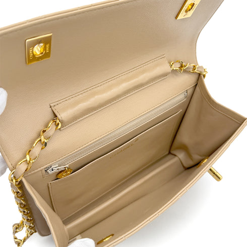 VINTAGE CHANEL DOUBLE TURN LOCK MATELASSE CHAIN SHOULDER HAND BAG BEIGE LAMB SKIN GOLD HARDWARE 90315877