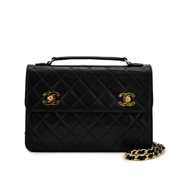 VINTAGE CHANEL DOUBLE TURN LOCK MATELASSE CHAIN SHOULDER HAND BAG BLACK LAMB SKIN GOLD HARDWARE 90319992
