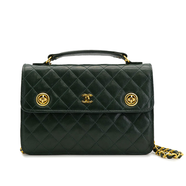 VINTAGE CHANEL DOUBLE TURN LOCK MATELASSE CHAIN SHOULDER HAND BAG GREEN LAMB SKIN GOLD HARDWARE 90321016