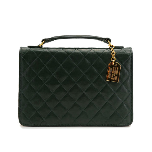 VINTAGE CHANEL DOUBLE TURN LOCK MATELASSE CHAIN SHOULDER HAND BAG GREEN LAMB SKIN GOLD HARDWARE 90321016