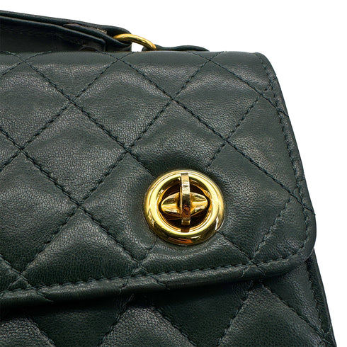 VINTAGE CHANEL DOUBLE TURN LOCK MATELASSE CHAIN SHOULDER HAND BAG GREEN LAMB SKIN GOLD HARDWARE 90321016