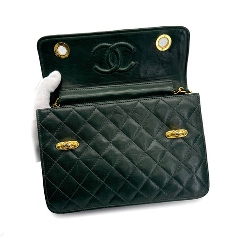 VINTAGE CHANEL DOUBLE TURN LOCK MATELASSE CHAIN SHOULDER HAND BAG GREEN LAMB SKIN GOLD HARDWARE 90321016