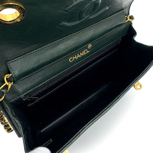 VINTAGE CHANEL DOUBLE TURN LOCK MATELASSE CHAIN SHOULDER HAND BAG GREEN LAMB SKIN GOLD HARDWARE 90321016