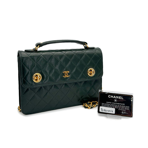 VINTAGE CHANEL DOUBLE TURN LOCK MATELASSE CHAIN SHOULDER HAND BAG GREEN LAMB SKIN GOLD HARDWARE 90321016