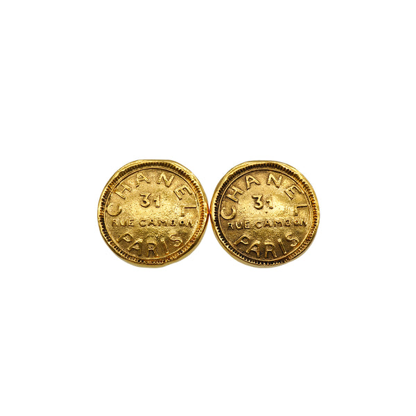 VINTAGE CHANEL EARRINGS 31 RUE CAMBON ROUND LOGO GOLD ACCESSORY 90338894
