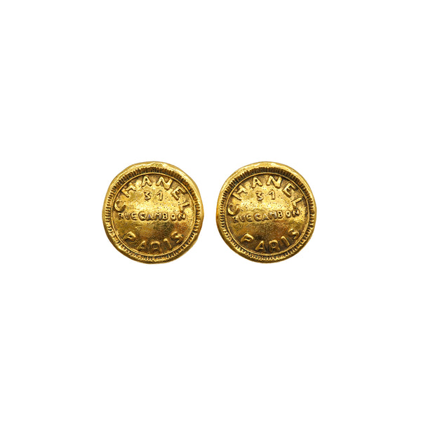 VINTAGE CHANEL EARRINGS 31 RUE CAMBON ROUND LOGO GOLD ACCESSORY 90338903