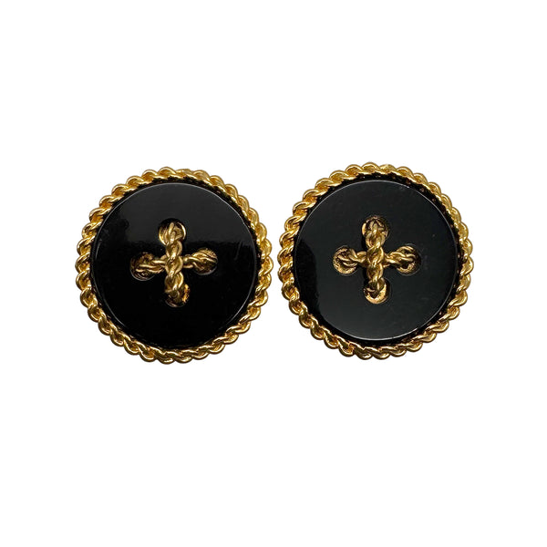 VINTAGE CHANEL EARRINGS BUTTON MOTIF GOLD BLACK ACCESSORY 23 90319150