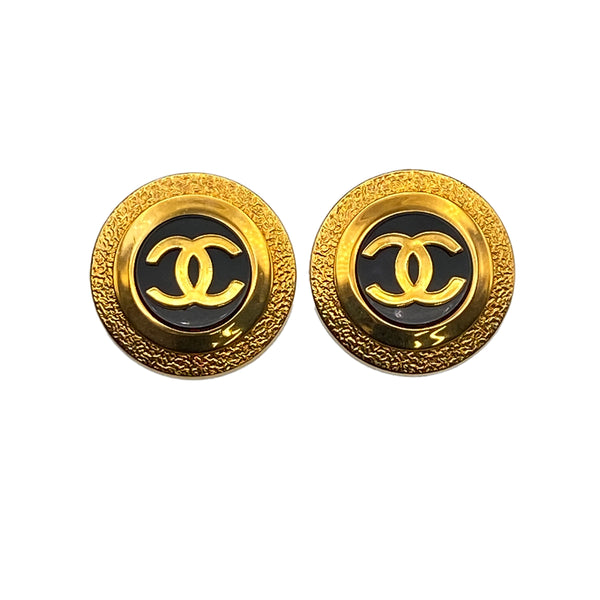 VINTAGE CHANEL EARRINGS CIRCLE COCOMARK GOLD BLACK 29 ACCESSORY 90312535