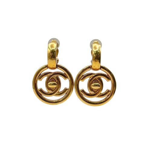 VINTAGE CHANEL EARRINGS TURN LOCK COCOMARK ROUND SWING GOLD ACCESSORY 97P 90322536