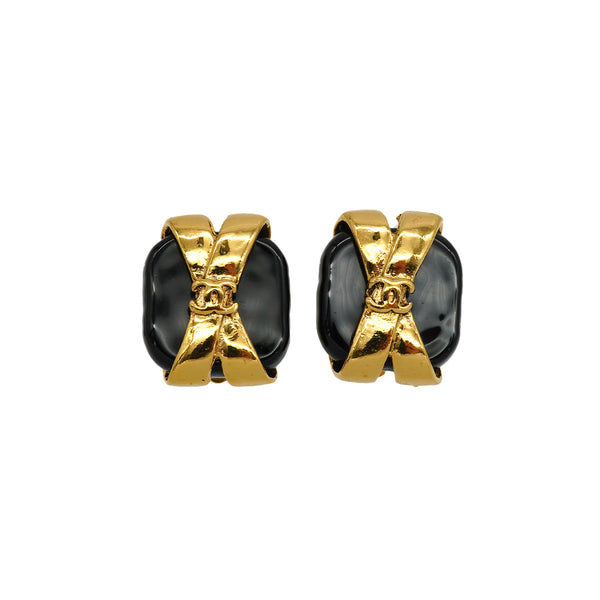 VINTAGE CHANEL EARRINGS COCOMARK BLACK STONE GOLD ACCESSORY 94P 90334998