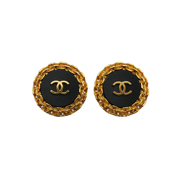 VINTAGE CHANEL EARRINGS COCOMARK CHAIN ROUND GOLD BLACK ACCESSORY 94P 90322137