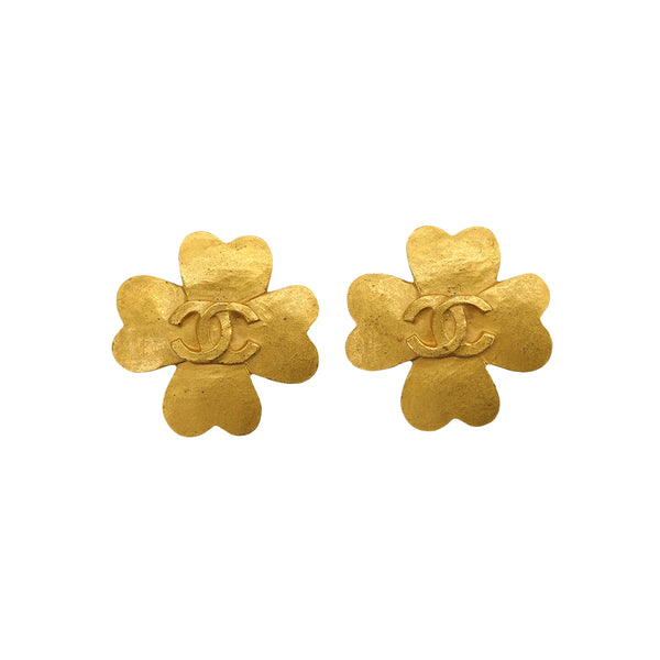 VINTAGE CHANEL EARRINGS COCOMARK CLOVER MOTIF GOLD ACCESSORY 95P 90324118