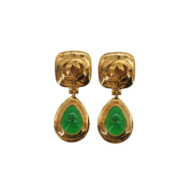 VINTAGE CHANEL EARRINGS COCOMARK COLOR STONE SWING GOLD GREEN ACCESSORY 97P 90323184