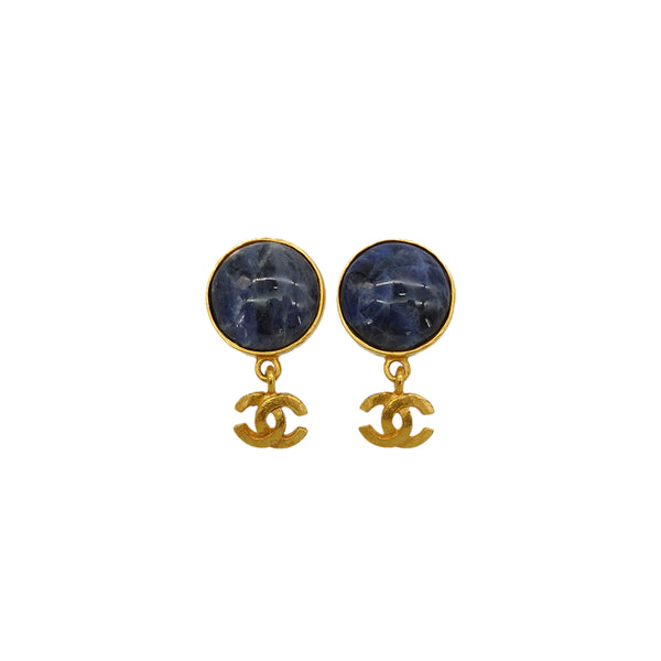 VINTAGE CHANEL EARRINGS COCOMARK COLOR STONE SWING NAVY GOLD ACCESSORY 95A 90348339