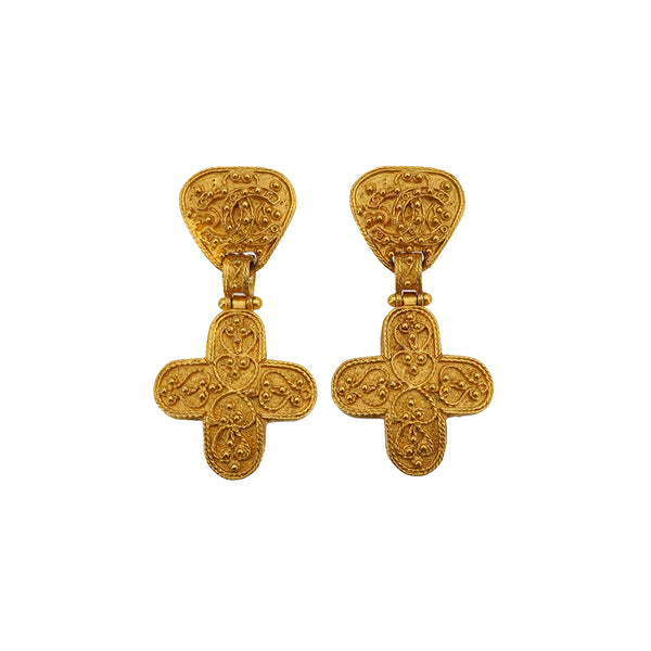 VINTAGE CHANEL EARRINGS COCOMARK CROSS SWING GOLD ACCESSORY 94A 90339119