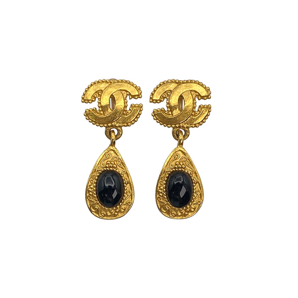 VINTAGE CHANEL EARRINGS COCOMARK CRYSTAL DROP BLACK STONE GOLD ACCESSORY 96A 90321107