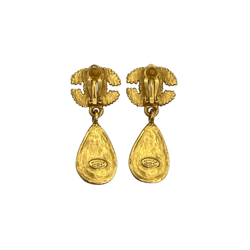 VINTAGE CHANEL EARRINGS COCOMARK CRYSTAL DROP BLACK STONE GOLD ACCESSORY 96A 90321107