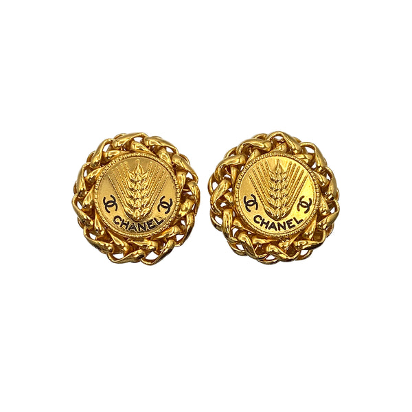 VINTAGE CHANEL EARRINGS COCOMARK EAR OF RICE MOTIF CHAIN GOLD ACCESSORY 23 90321038