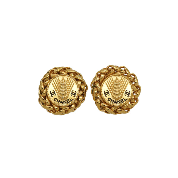 VINTAGE CHANEL EARRINGS COCOMARK EAR OF RICE MOTIF CHAIN GOLD ACCESSORY 90339117