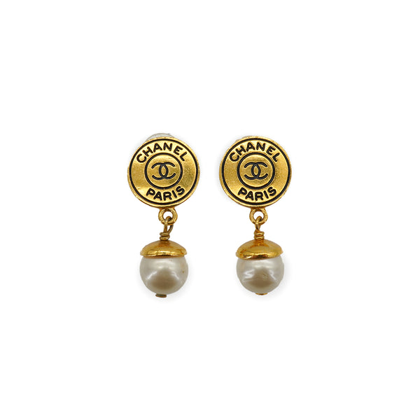 VINTAGE CHANEL EARRINGS COCOMARK FAUX PEARL ROUND SWING GOLD ACCESSORY 97P 90338253