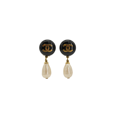 VINTAGE CHANEL EARRINGS COCOMARK FAUX PEARL ROUND SWING GOLD BLACK ACCESSORY 94A 90337685