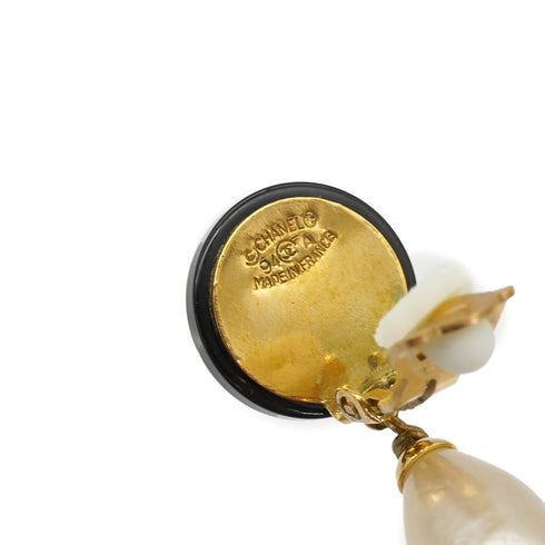 VINTAGE CHANEL EARRINGS COCOMARK FAUX PEARL ROUND SWING GOLD BLACK ACCESSORY 94A 90337685