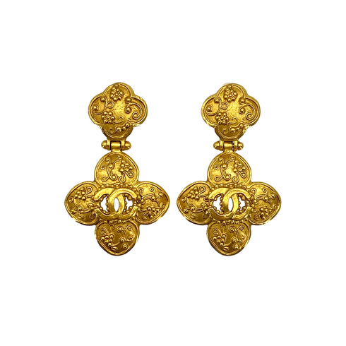 VINTAGE CHANEL EARRINGS COCOMARK FLOWER SWING GOLD ACCESSORY 96A 90319147