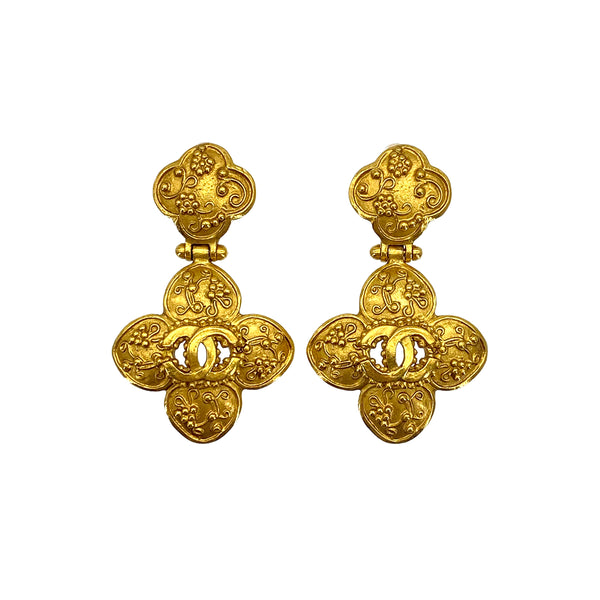 VINTAGE CHANEL EARRINGS COCOMARK FLOWER SWING GOLD ACCESSORY 96A 90319147