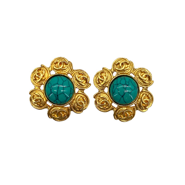 VINTAGE CHANEL EARRINGS COCOMARK FLOWER TURQUOISE BLUE GOLD ACCESSORY 94P 90319603